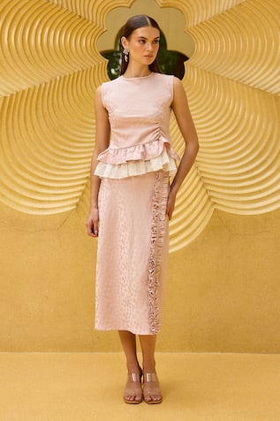 Therealb Jacquard Ruched Peplum Top & Skirt Set 