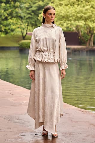 Therealb Jacquard Peplum Top & Asymmetric Skirt Set 