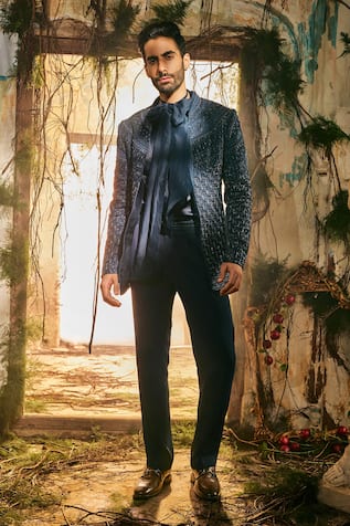 Varun Chakkilam Ebon Luxe Embroidered Open Jacket Kurta & Pant Set 