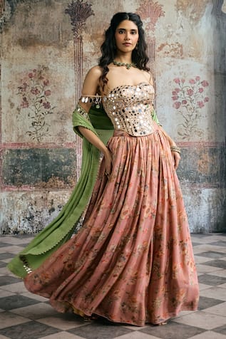 SAANJH BY LEA Mehar Mirror & Floral Corset Lehenga Set 