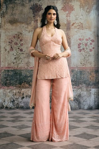 SAANJH BY LEA Aneesa Peach Mirror Embroidered Sharara Set 