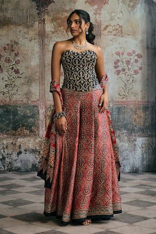 SAANJH BY LEA Rhea Ajrakh Hand Embroidered Corset Gharara Set 