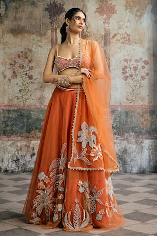 SAANJH BY LEA Sahana Orange Hand Embroidered Lehenga Set 