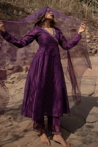 Label Flamingo By Vrinda Mukaish Embroidered Anarkali Angrakha Set 