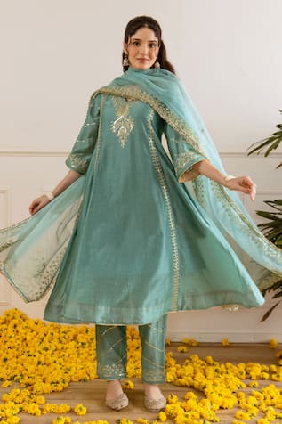 ASRUMO Zari Embroidered Three-Kali Kurta Pant Set 