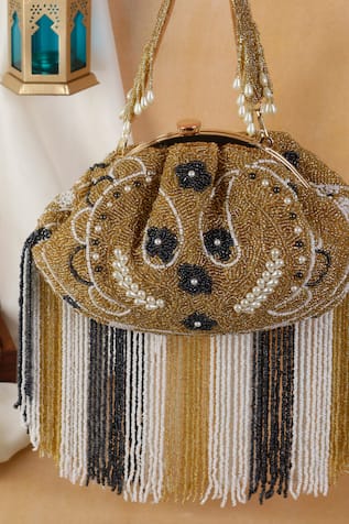 Nazaakat By Samara Singh Beaded Floral & Fringe Batua Bag 
