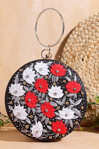 Nazaakat By Samara Singh Floral Embroidered Round Clutch  