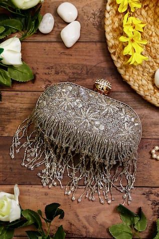 Nazaakat By Samara Singh Embroidered Beaded Fringe Clutch 