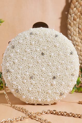 Nazaakat By Samara Singh Pearl & Stone Embellished Round Clutch 