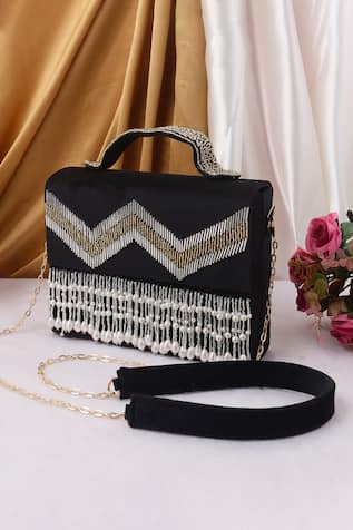 Nazaakat By Samara Singh Zigzag Beaded & Pearl Embellished Flap Bag 