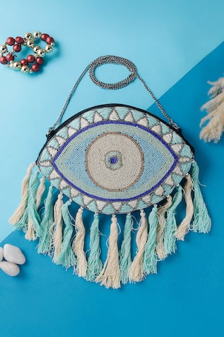 Nazaakat By Samara Singh Evil Eye Beaded & Tassel Boho Bag 