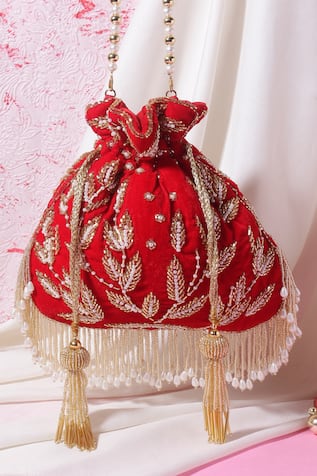 Embroidered Leaf & Pearl Potli Bag 