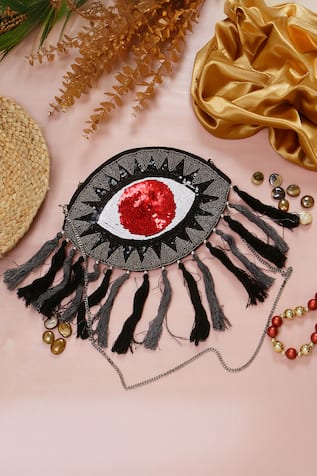 Nazaakat By Samara Singh Evil Eye Sequin & Tassel Boho Bag 