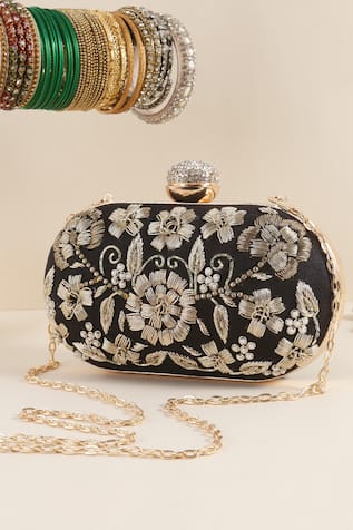 Floral Zardozi Embroidered Oval Clutch 