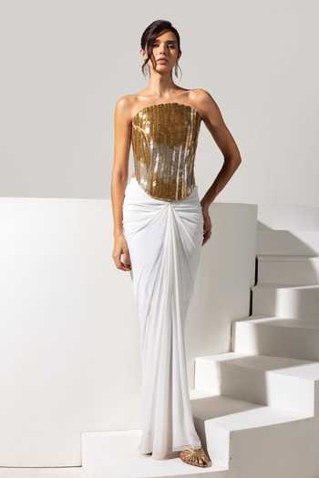 Vesture Radiance Golden Corset & White Draped Skirt 