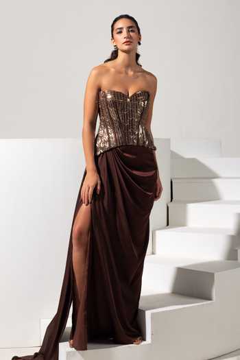 Vesture Bronza Embroidered Corset & Draped Skirt Set 