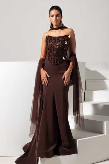 Vesture Mocha Mirror Corset With Fishcut Skirt Set 