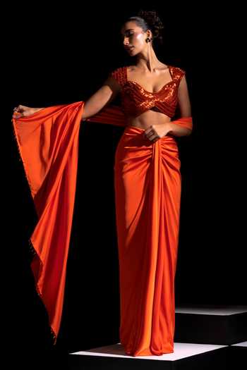 Vesture Flame Pre-Draped Saree With Embroidered Blouse 