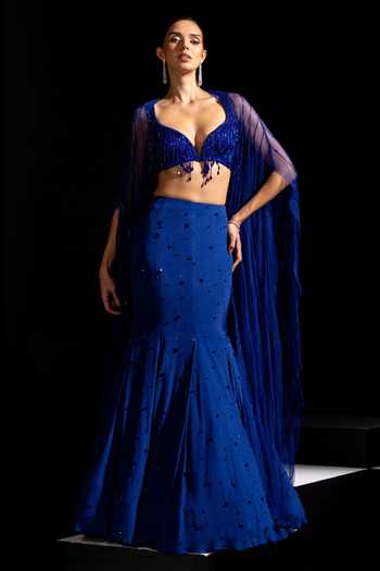 Vesture Sapphire Embroidered Fishcut Skirt Set With Cape 