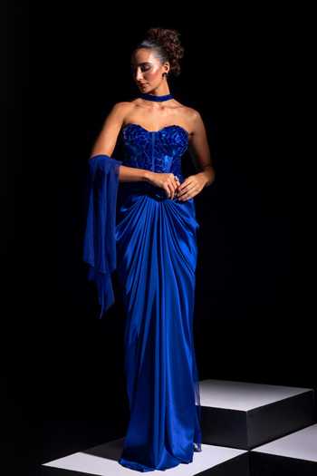 Vesture Voltage Electric Blue Mirror Work Corset & Skirt Set 