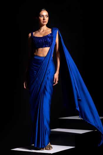 Vesture Vivid Pre-Draped Saree & Metallic Embroidered Blouse Set 