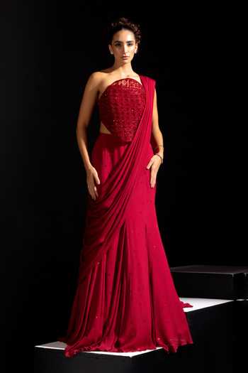 Vesture Crimson Embroidered Corset Lehenga Set 