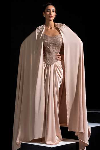 Vesture Chrome Embellished Corset & Draped Skirt Set 