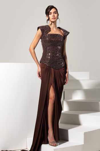Vesture Cocoa Brown Corset & Draped Skirt Set 