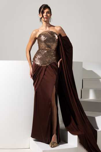 Vesture Truffle 3D Fishfin Embroidery Corset & Draped Skirt Set 