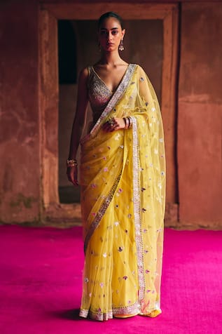 Angad Singh Yellow Net Saree With Blouse 
