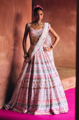 Angad Singh White Raw Silk Lehenga Set 