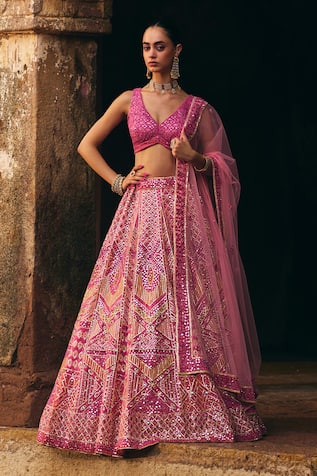 Angad Singh Pink Organza Bridal Lehenga Set 