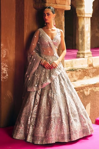 Angad Singh Embroidered Grey Organza Lehenga Set 
