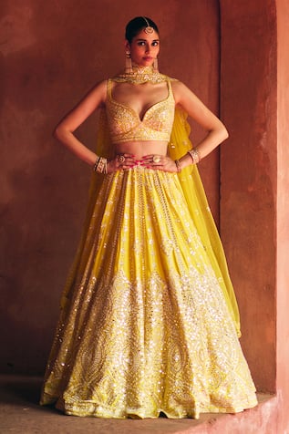 Angad Singh Yellow Raw Silk Lehenga Set 