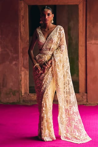 Angad Singh Beige Net Saree With Blouse 