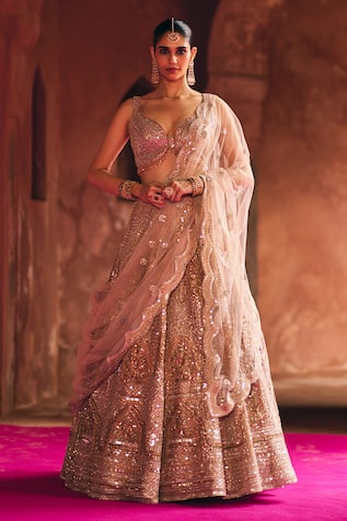Angad Singh Peach Organza Bridal Lehenga Set 