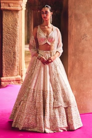 Angad Singh Ivory Raw Silk Bridal Lehenga Set 