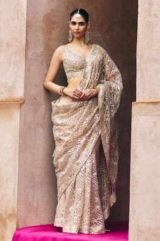 Angad Singh Rose Gold Net Saree With Blouse 