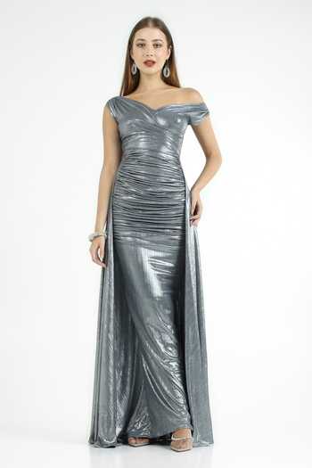 Cham Cham Draped Off-Shoulder Bias-Flared Gown 