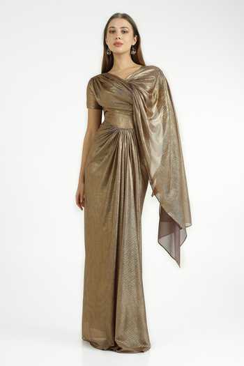 Cham Cham Pleated Gown With Shoulder Trail 