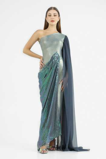 Cham Cham Metallic Sea Green Sequin Draped Gown 
