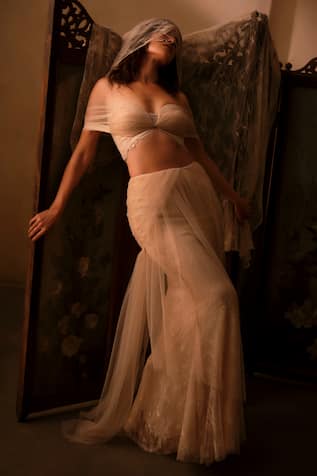 Shehlaa Khan Lace Tulle Pre-Draped Saree & Off Shoulder Blouse Set 