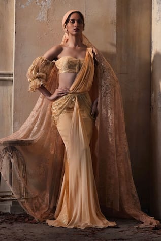 Shehlaa Khan Lace & Chiffon Pre-Draped Saree With Satin Blouse 