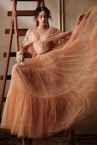 Shehlaa Khan Lace Blouse & Tulle Lehenga Set 