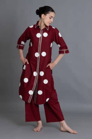 Khat Crimson Embroidered Polka Shirt Kurta & Pant Set 