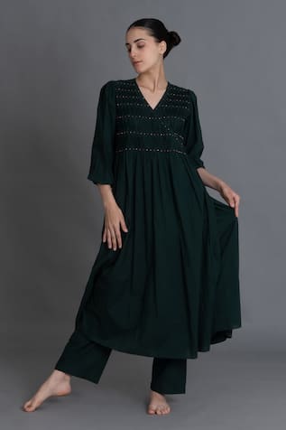 Khat Forest Green Hand Smocked Kurta & Pant 