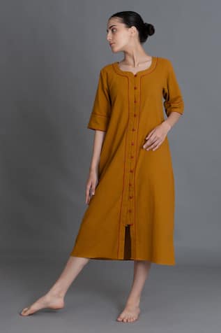 Khat Mustered Round Neck Cotton Kurta 