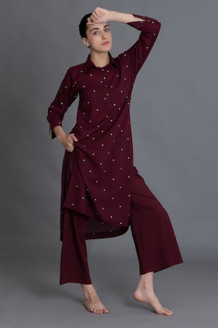 Khat Burgundy Dot Print Kurta & Pant Set 