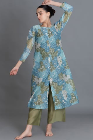 Khat Ocean Blue Floral Print Kurta & Pant Set 