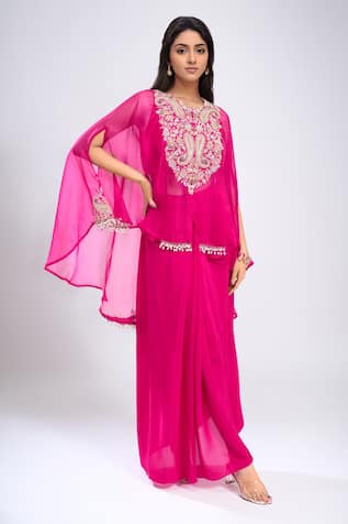 Paisley Embroidered Kaftan Draped Skirt Set 